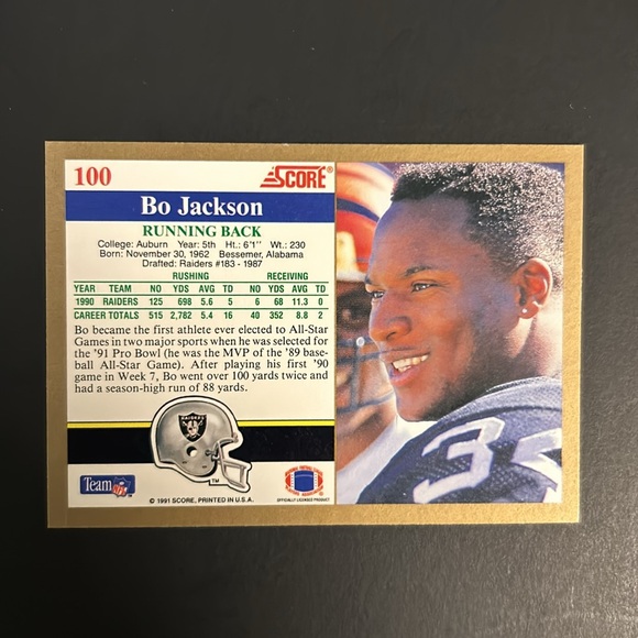 🏈 3/$10. Bundle & Save. Bo Jackson. 1991 Score NFL card 100 - Picture 2 of 2
